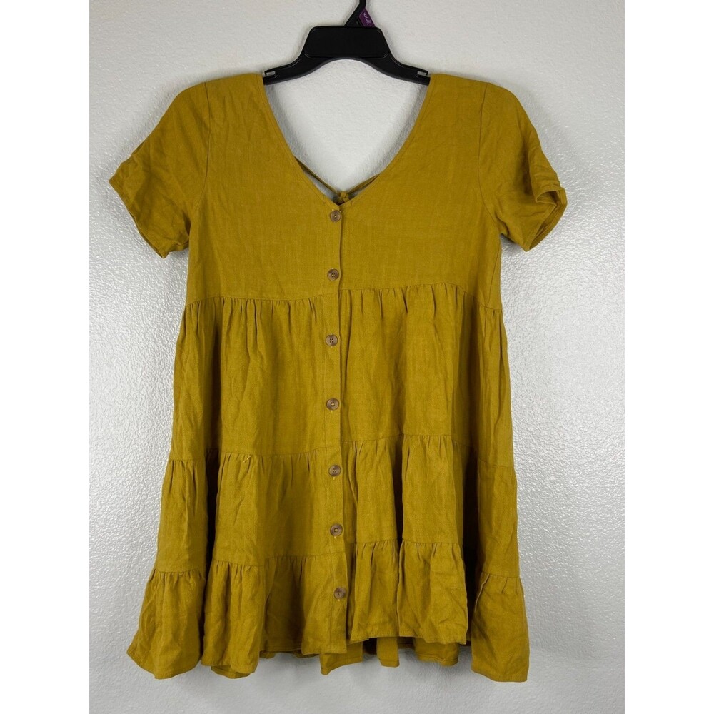 Endless Blu Women Small Mustard Babydoll Dress Yellow Tie Back NWT